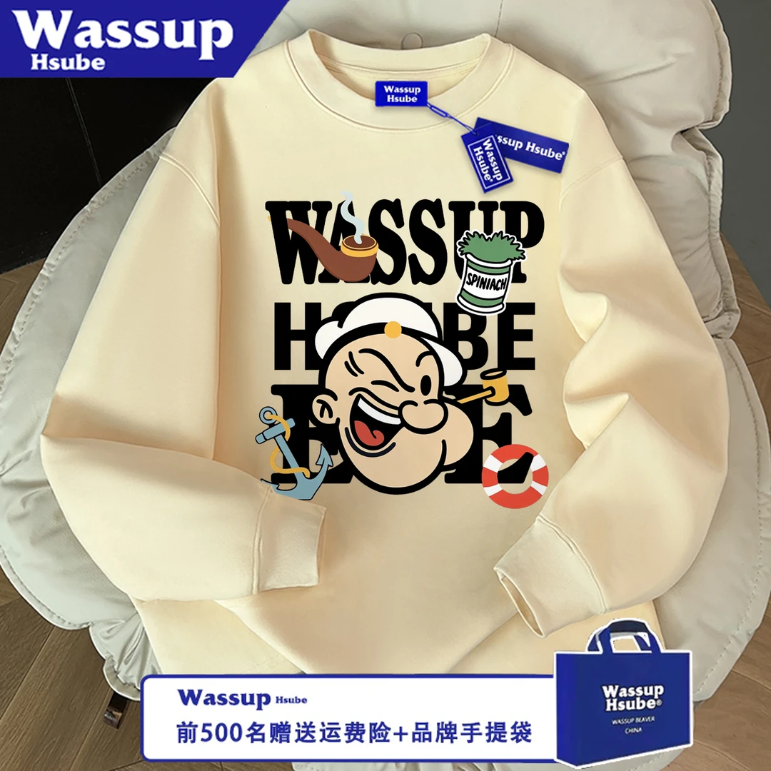 WASSUP HSUBE潮流长袖秋冬字母痞帅宽松日常卡通水手印花情侣上衣