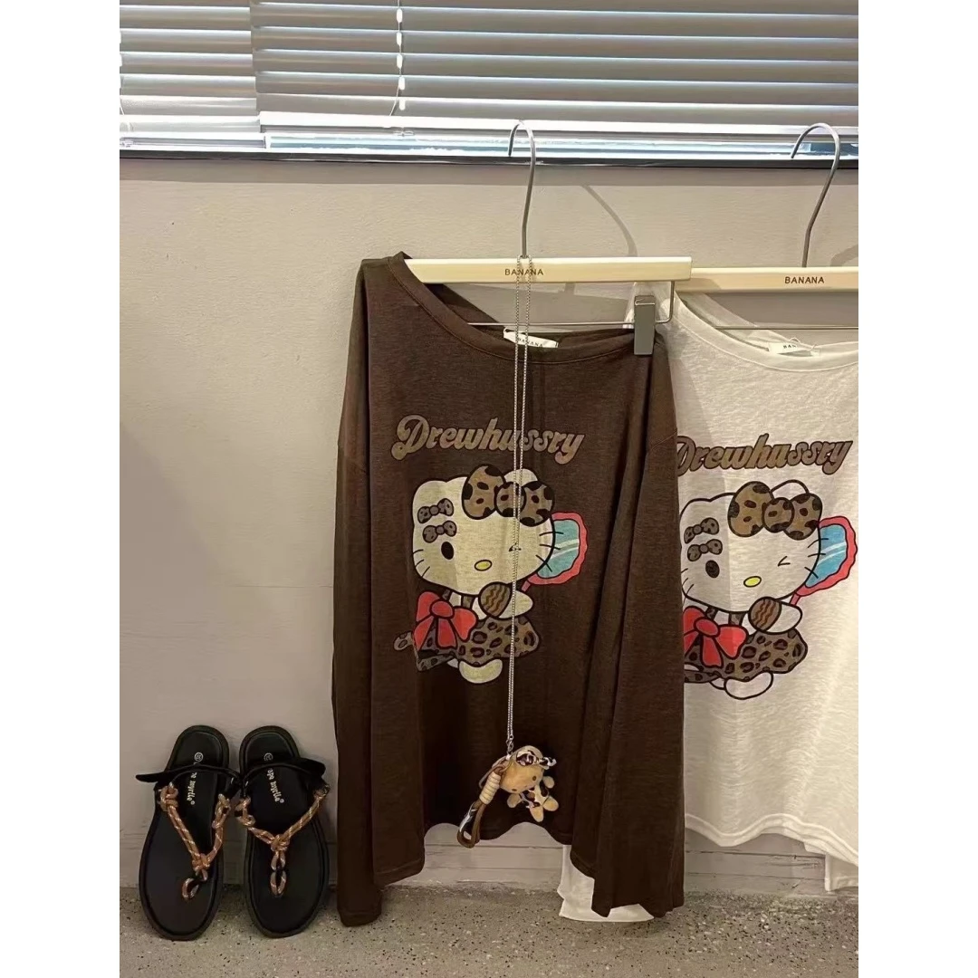 kitty卡通印花斜肩长袖T恤宽松KT猫薄款防晒衫带公仔
