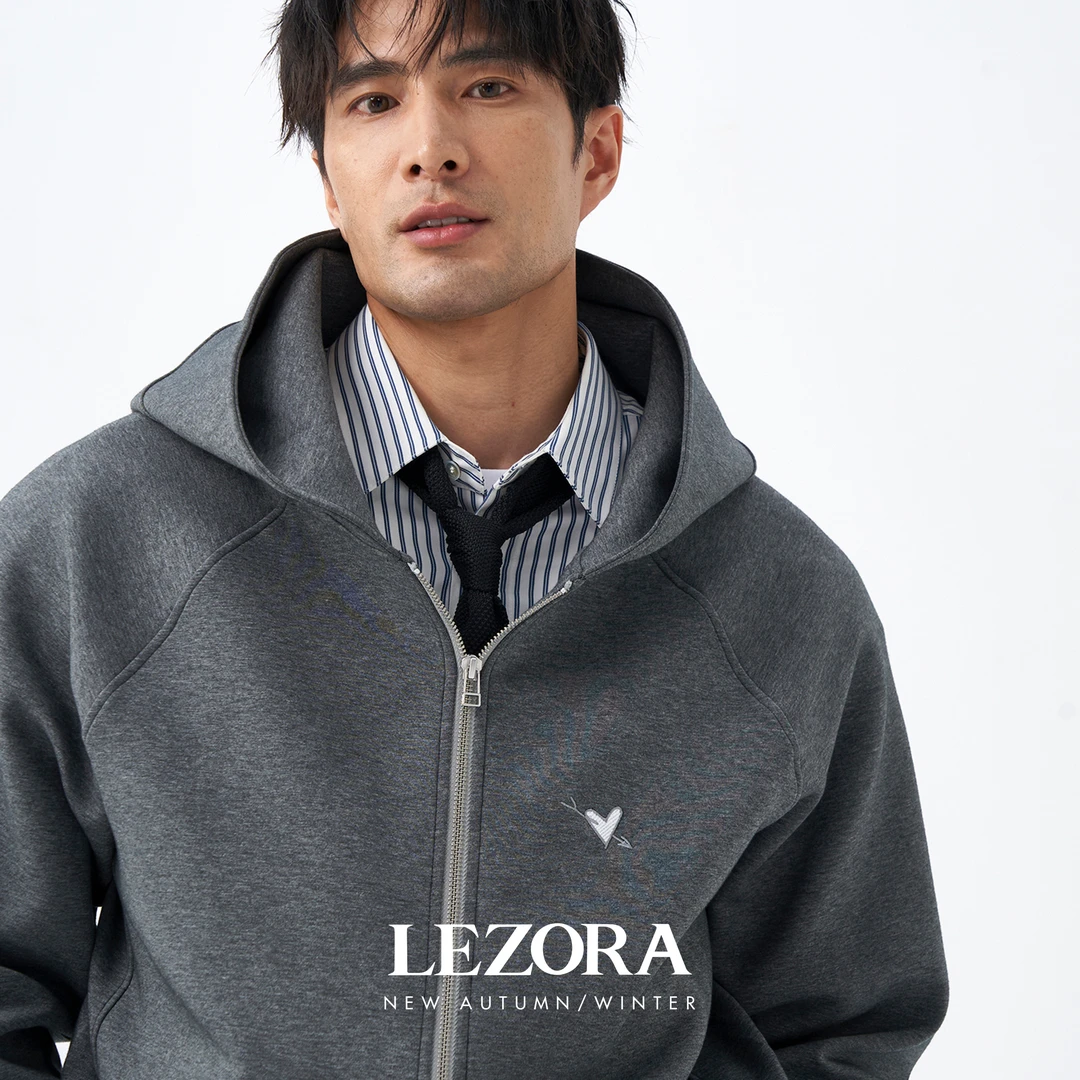 LEZORA 抗皱空气层爱心插肩袖廓形秋冬简约黑灰连帽卫衣外套男
