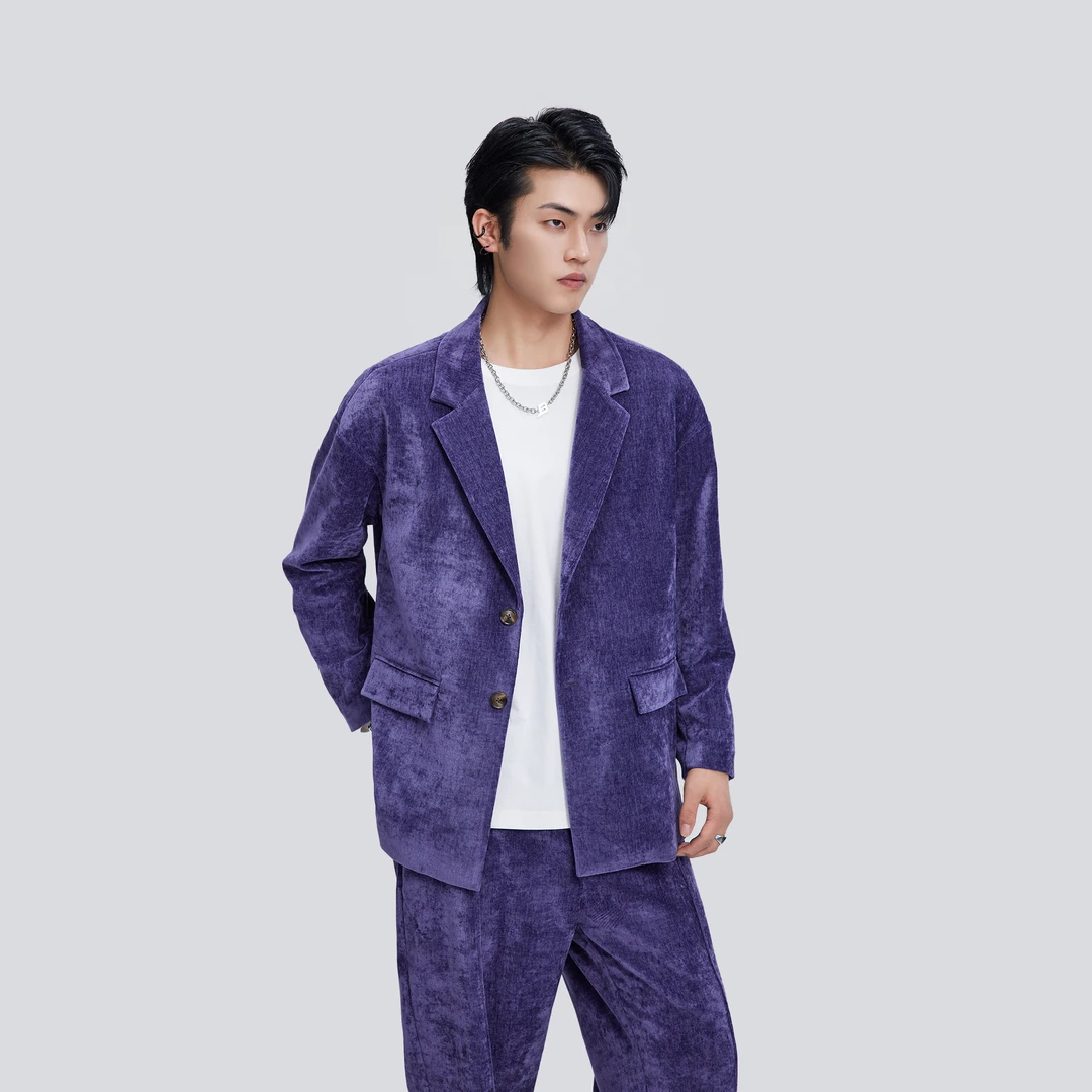 HERBEL/黑白2025春季新款时尚男士宽松西宽松大码男士灯芯绒西服