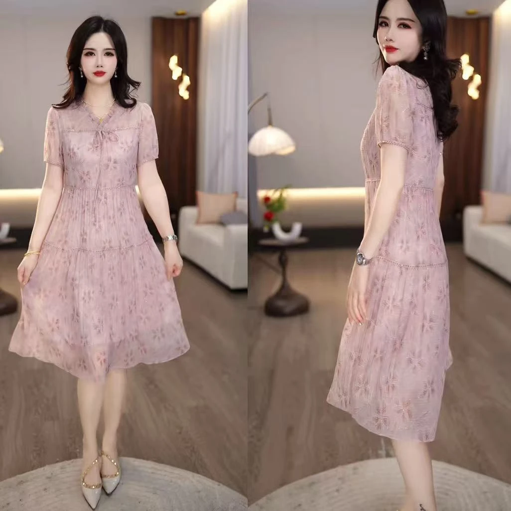 【连衣裙】2025夏款气质时尚显瘦洋气名媛蛋糕裙中长款连衣裙