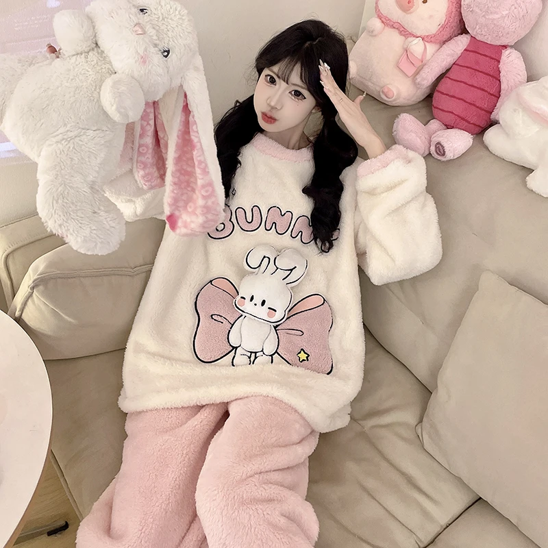 【粉结兔子】冬季新款卡通可爱睡衣女加绒加厚舒适保暖家居服可外穿