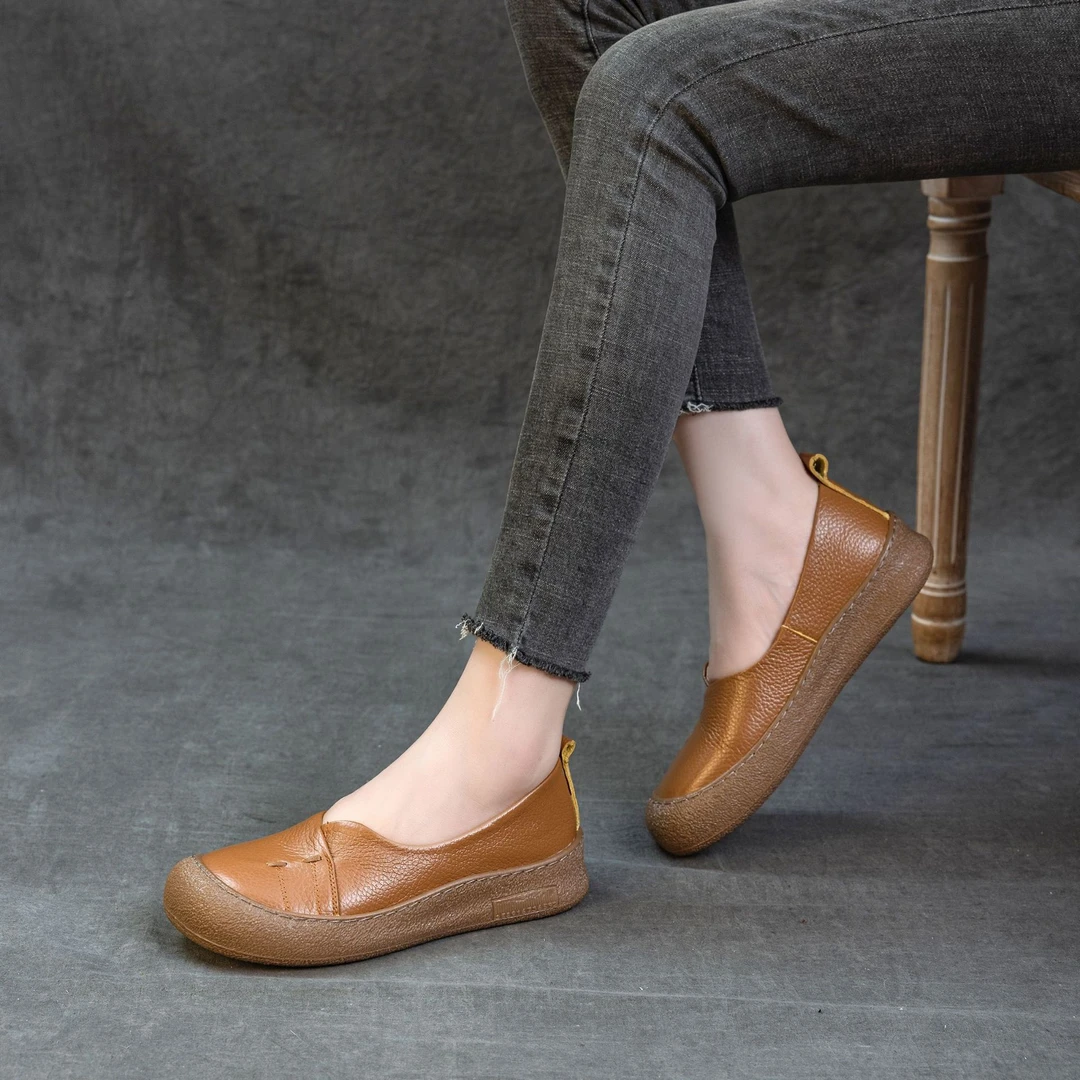 头层牛皮平底女单鞋秋季新款休闲一脚蹬防滑软底简约百搭妈妈鞋