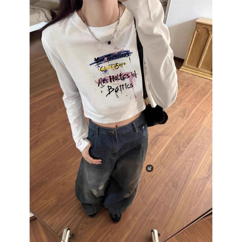 纯棉长袖印花t恤女2025春季新款百搭小众短款修身显瘦纯色上衣ins