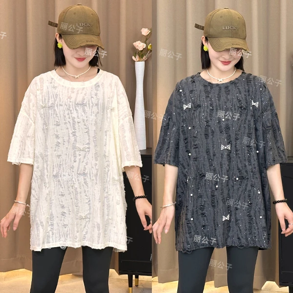 夏季新款韩系蝴蝶结钉珠设计做旧破洞设计感气质休闲百搭短袖T恤