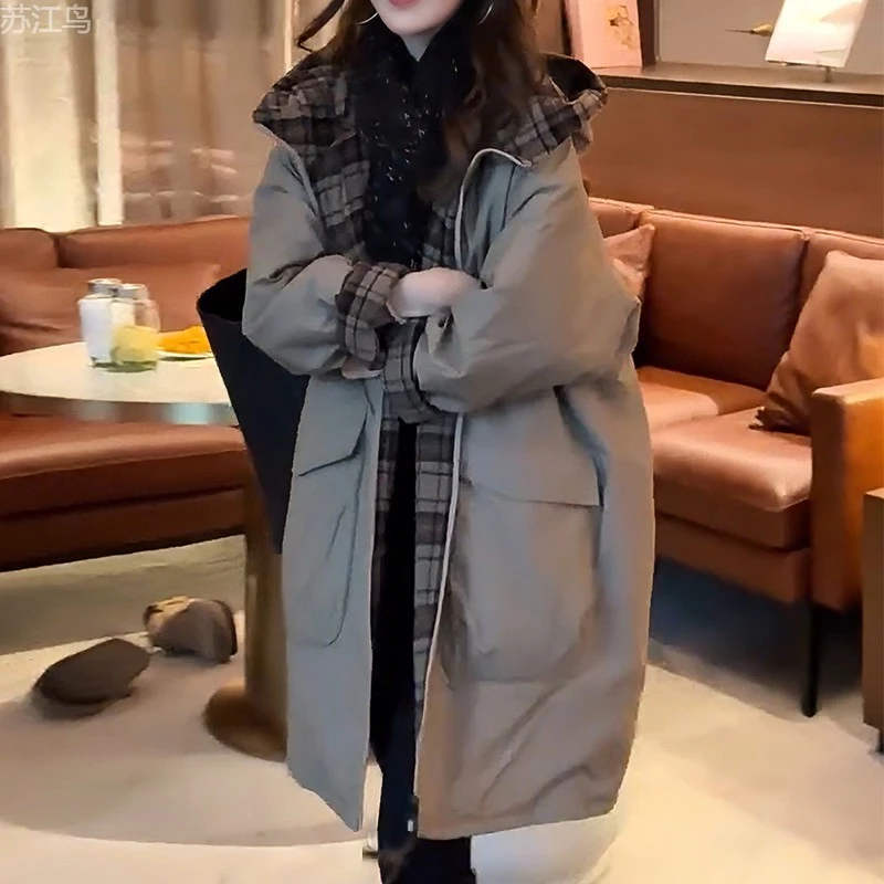 欧洲站时尚慵懒中长款保暖棉服外套女冬季新款宽松不臃肿棉衣袄子