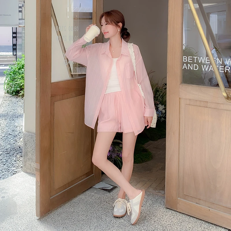 多巴胺粉色防晒衬衫短裤套装女2025夏季新款小个子爆款显瘦两件套