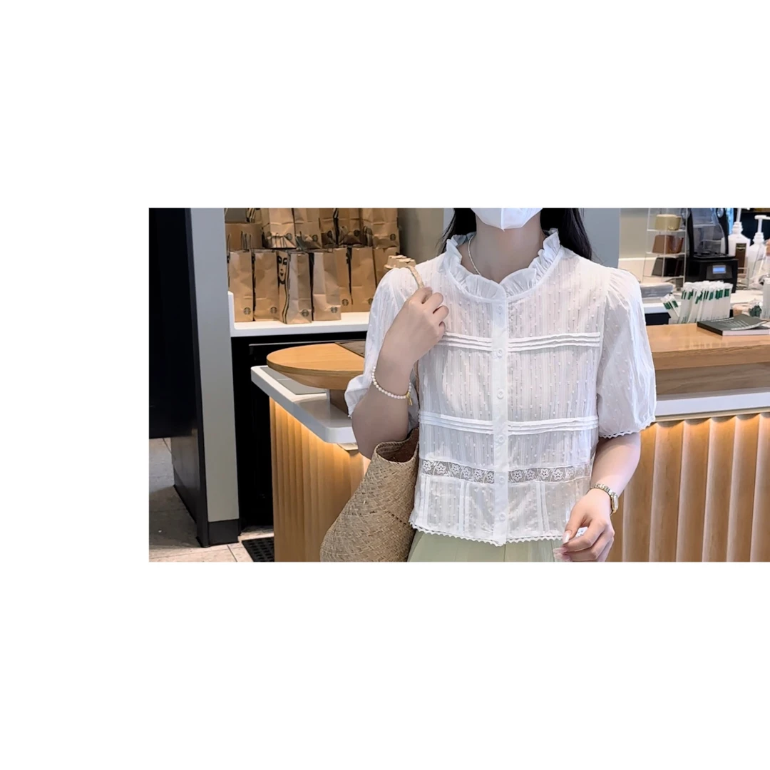 BK 2025法式复古气质设计感蕾丝拼接压褶木耳短款上衣小衫衬衣