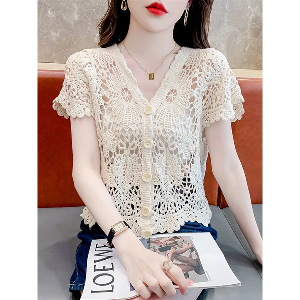 大码复古钩花镂空短袖上衣女夏季百搭薄开衫V领针织衫短款小披肩
