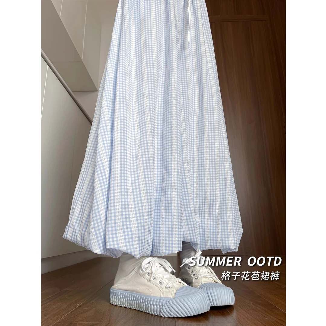冰丝蓝色格子花苞裙裤女夏季薄款2025新款温柔风灯笼裤休闲阔腿裤