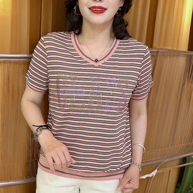 妈妈装夏季V领常规短袖条纹韩版遮肉显瘦T恤洋气T恤上衣女中老年