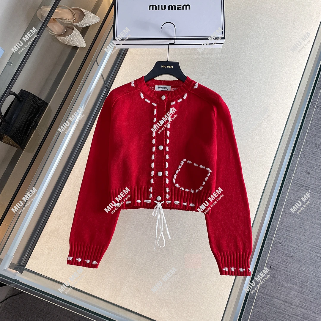 MIUMEM25春季法式线条提花圆领针织开衫红色氛围感毛衣DY6304