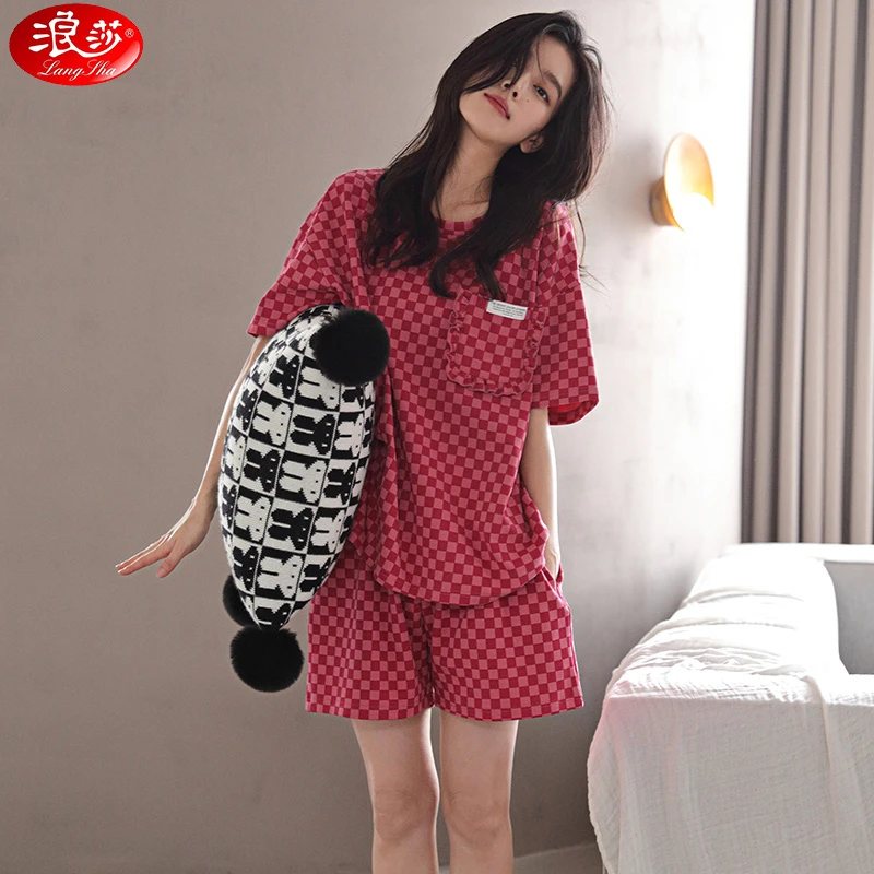 浪莎睡衣女夏季纯棉短袖短裤格子薄款休闲全棉家居服红色新款套装