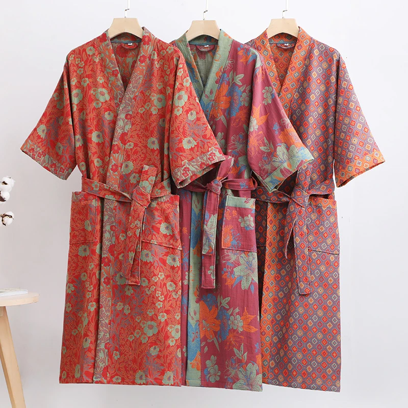 纯棉双层纱布浴袍a类春夏薄款睡衣家居服睡袍情侣款吸水速干浴衣