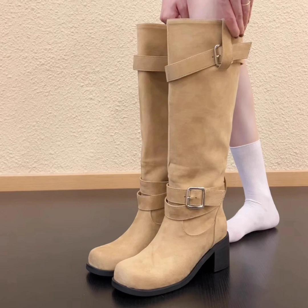 Pokoy-6cm皮带扣复古不过膝女秋冬废土风长靴