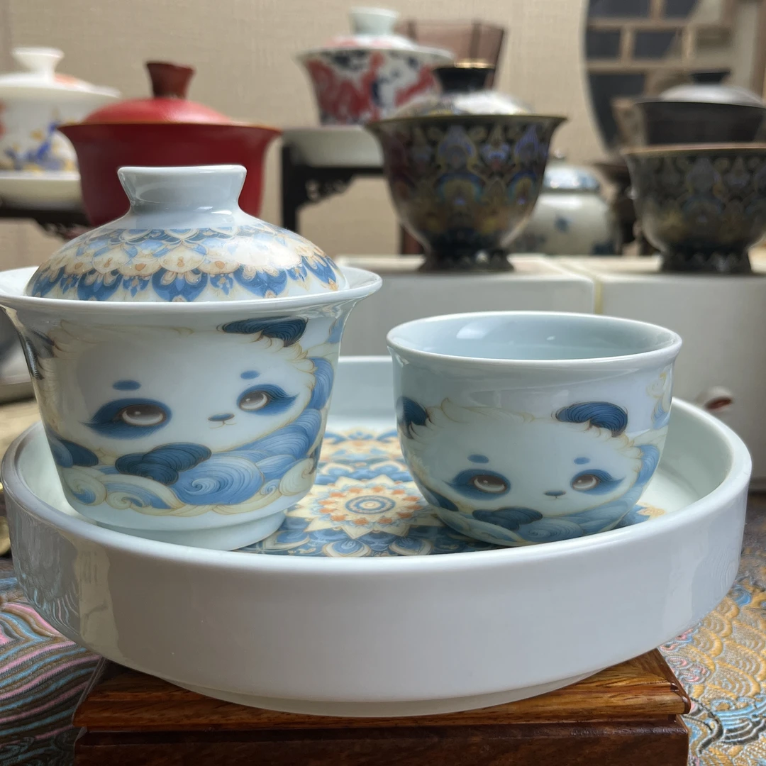 青瓷茶具熊猫三财盖碗可悬停撇口厚胎不烫手-播8586号(送1杯)