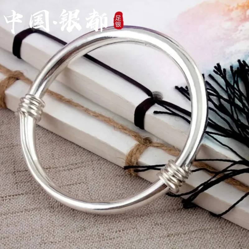 足银银制品 999.9足银手镯推拉款式光面实心经典素圈手工可调节