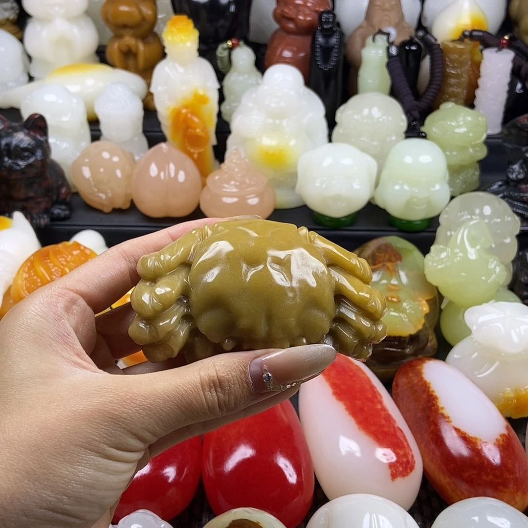 无花朵原石雕刻把件 螃蟹