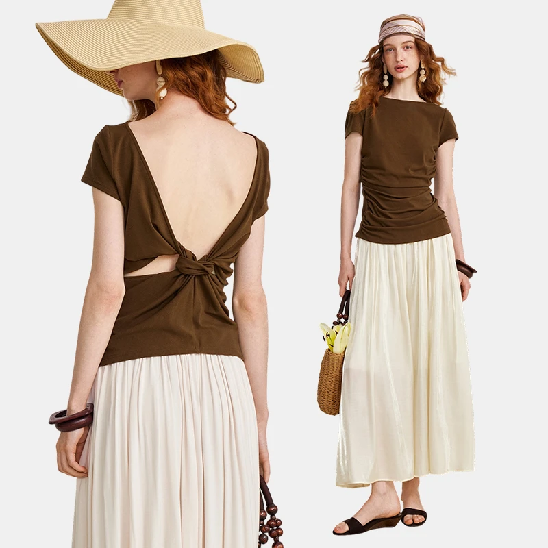 AEL原创船领短袖T恤2025设计感法式褶皱纯欲露背扭结上衣AS5BT116