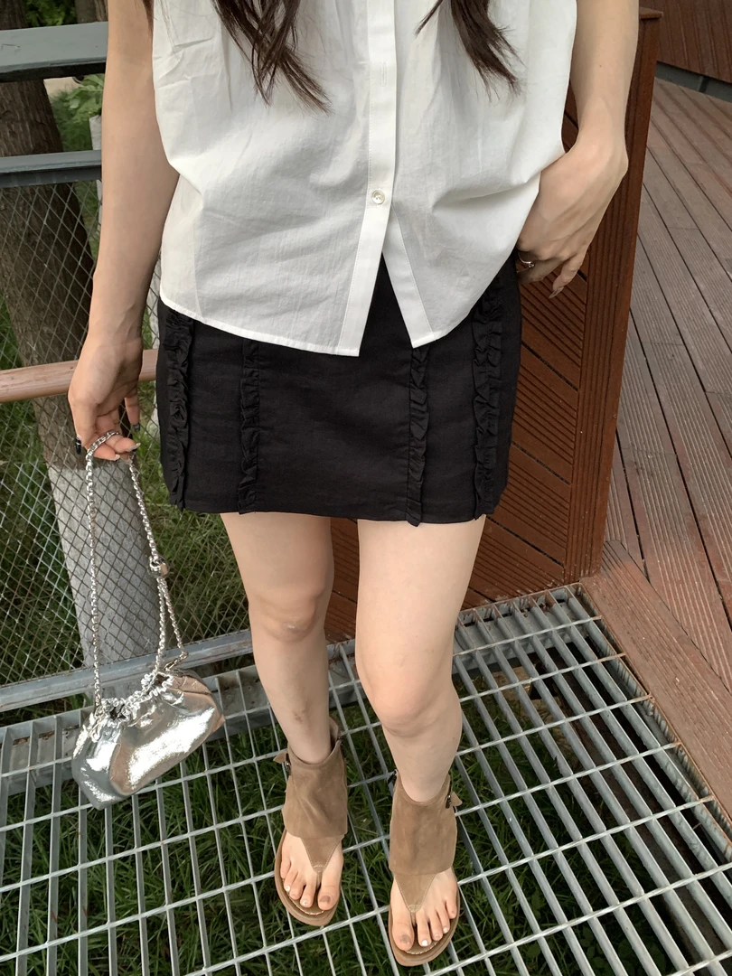 『李木木』夏款上新~~木耳边棉麻半裙  6920