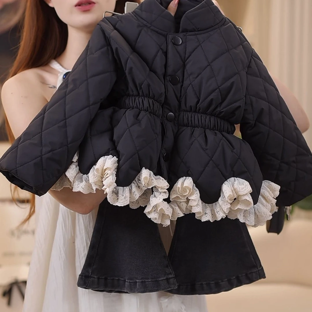 女童秋冬套装中棉衣外套修身蕾丝拼接小童一体绒喇叭裤两件套