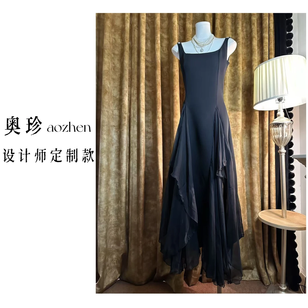 【温莎往事】新款气质名媛礼服长裙茶歇法式赫本风黑色吊带连衣裙