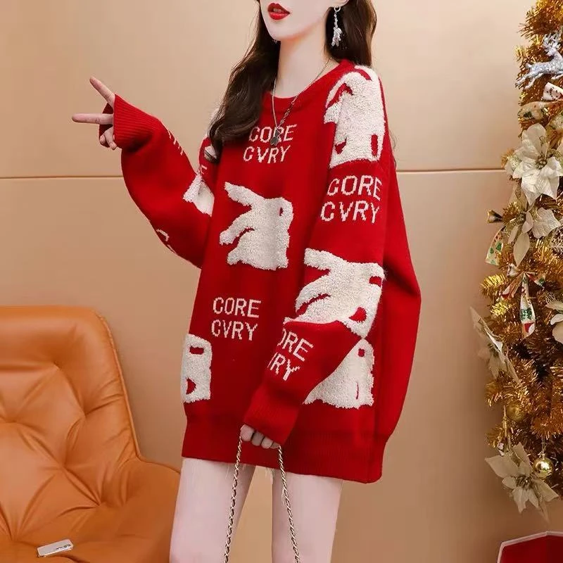 新年款圆领宽松毛衣情侣秋冬韩版潮流加厚毛衣9128