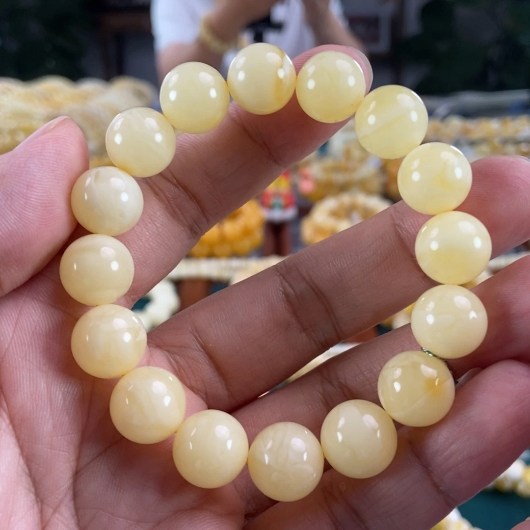琥珀未镶嵌珠宝奇石12白花蜡手串18.2