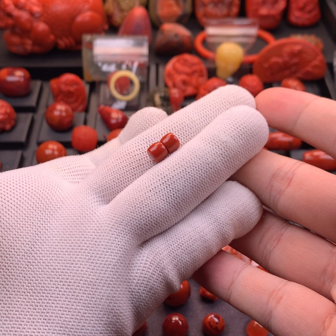 南红玛瑙未镶嵌川料原矿满色满肉直切对珠7mm