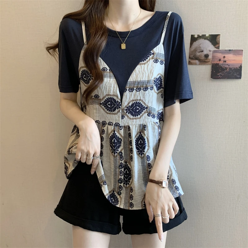 设计感假两件碎花短袖T恤女夏季新款大码胖mm遮肚子显瘦小衫上衣