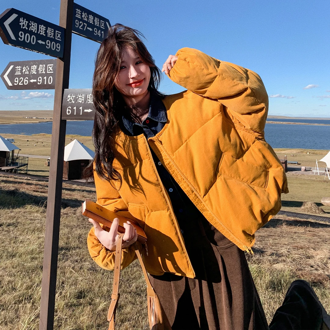 复古灯芯绒羽绒服女冬季2025新款韩系氛围感短款保暖白鸭绒外套