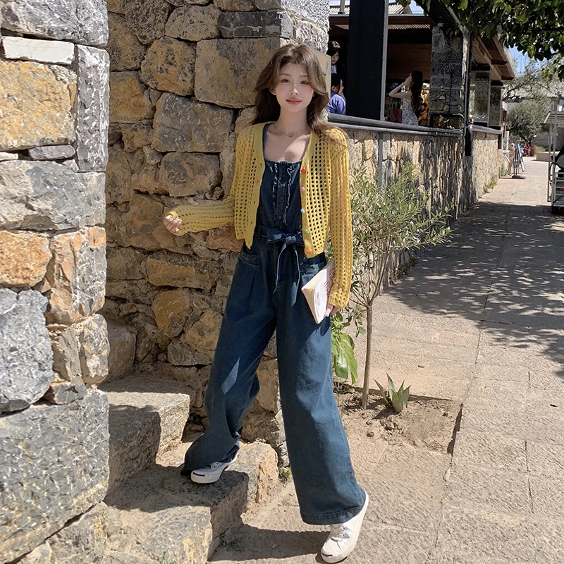 鹅黄色外套防晒衣2025春季新款时尚休闲牛仔背带裤百搭无袖套装潮