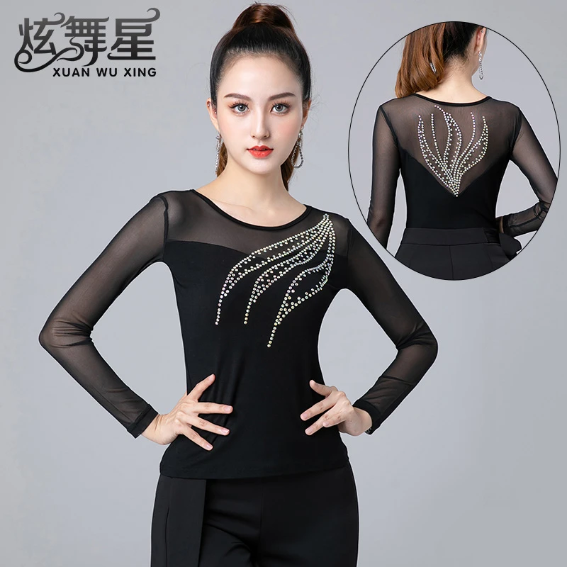 2025新款拉丁舞上衣高端镶钻网纱交谊舞蹈服摩登舞练功服表演服装