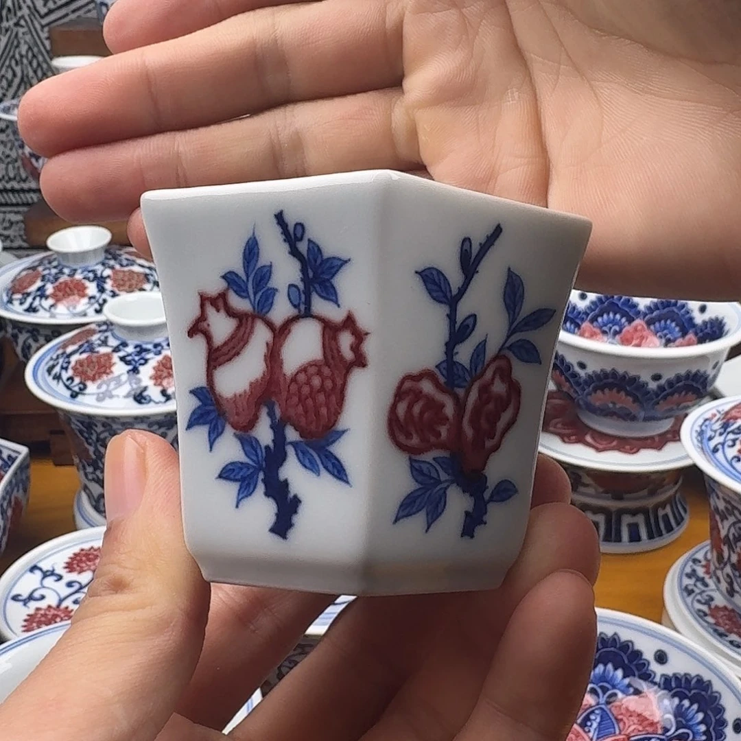 当代釉里红六方杯