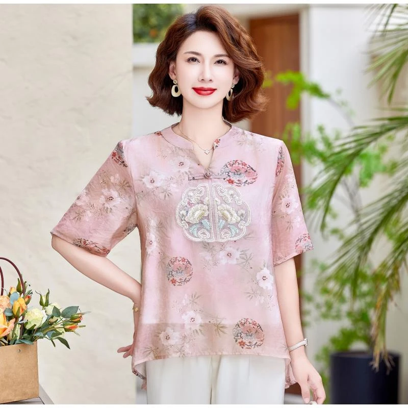 中国风衣服新中式2025女装妈妈夏装衬衫中老年女夏季短袖t恤套装