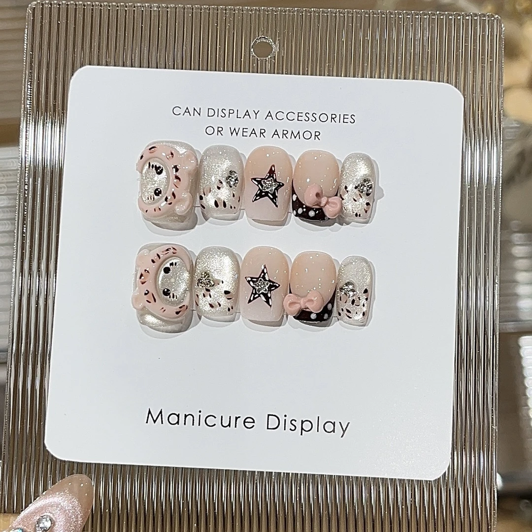 【顽皮kitty】学生短款甜欲风可爱粉豹纹猫咪追光猫眼蝴蝶结穿戴甲