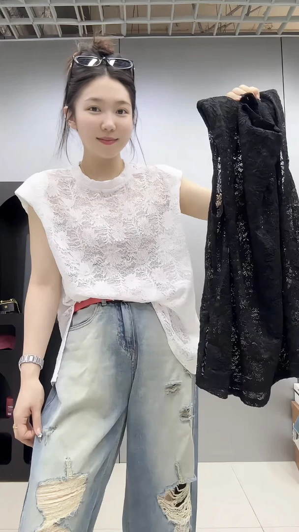 大码韩版宽松开叉设计感短袖T恤女夏季蕾丝衫开叉上衣潮