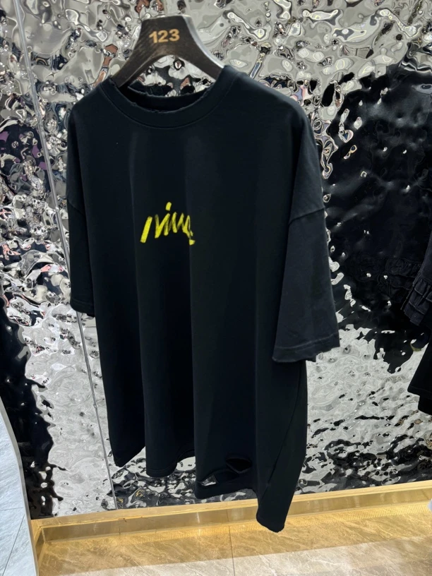 259076夏季破边彩绘字母印花圆领短袖T恤宽松阔版潮T