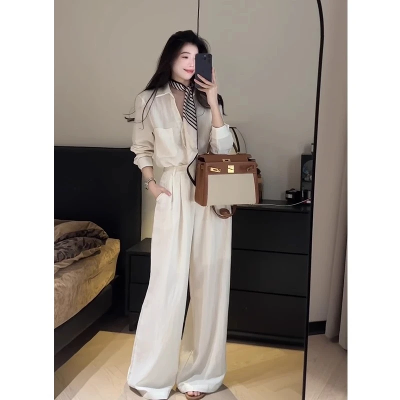 老钱风松弛感轻奢亚麻衬衫套装女2025年夏季棉麻衬衣阔腿裤两件套