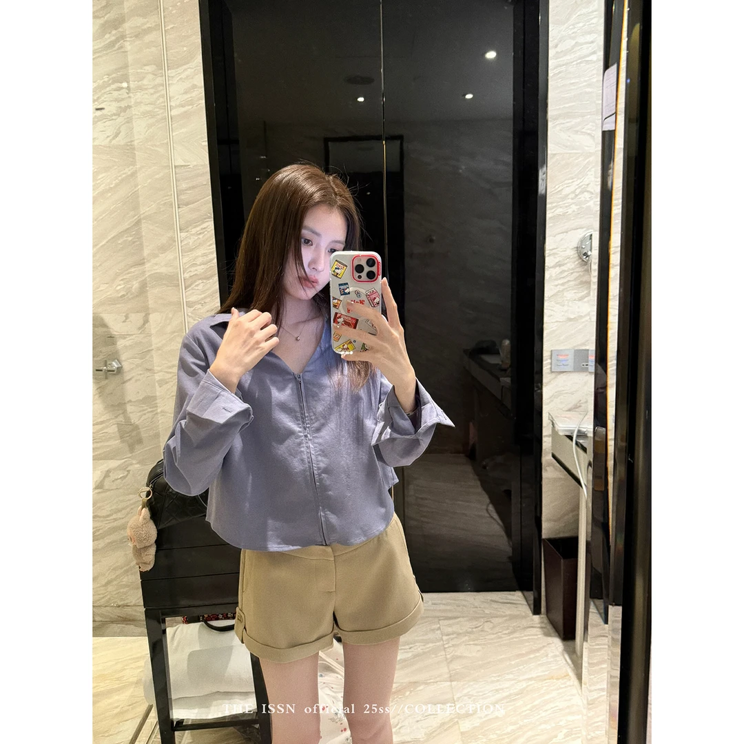 THEISSN宁司 薄款防晒拉链长袖衬衫女夏季韩系宽松上衣 0966