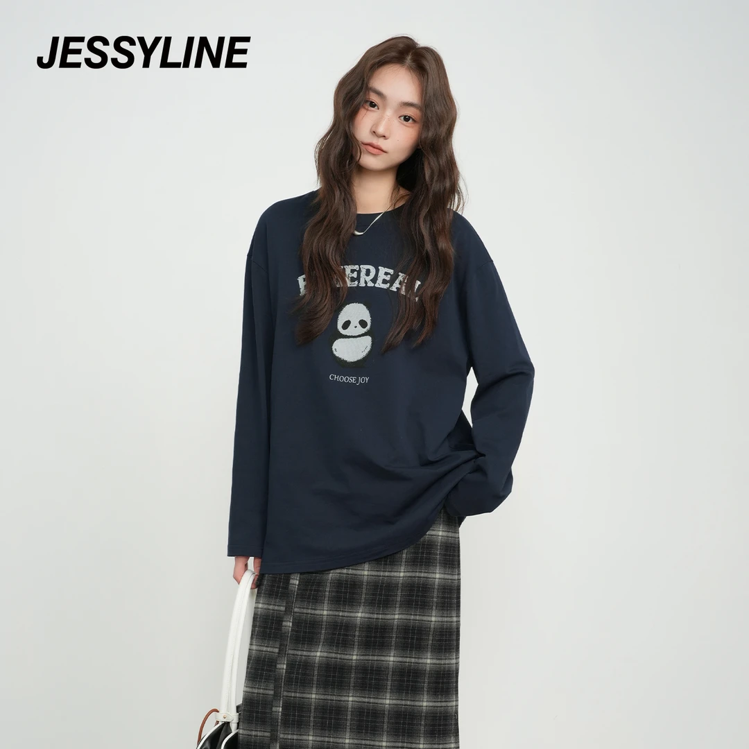 杰茜莱2025秋季新款女装时尚藏青印花卡通圆领T恤上衣女jessyline