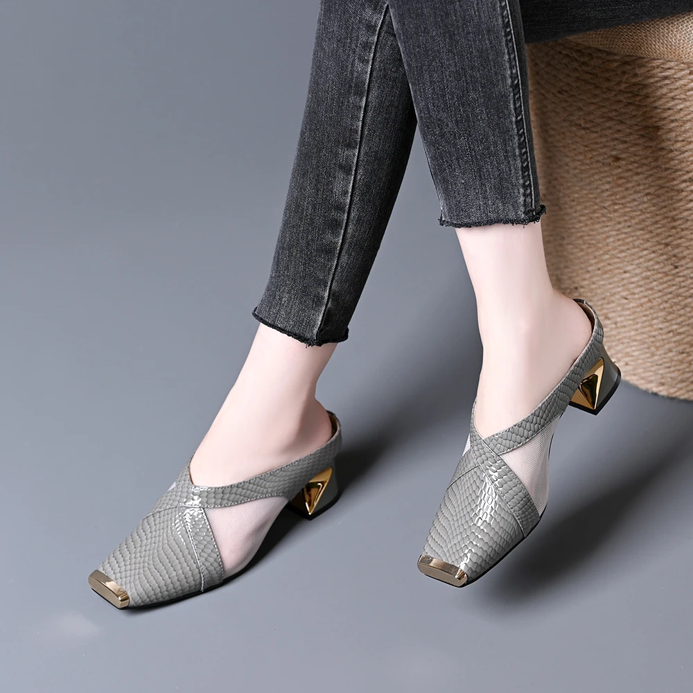 头层牛皮包头半拖鞋女夏季新款时尚铁头粗跟舒适百搭高跟外穿凉拖