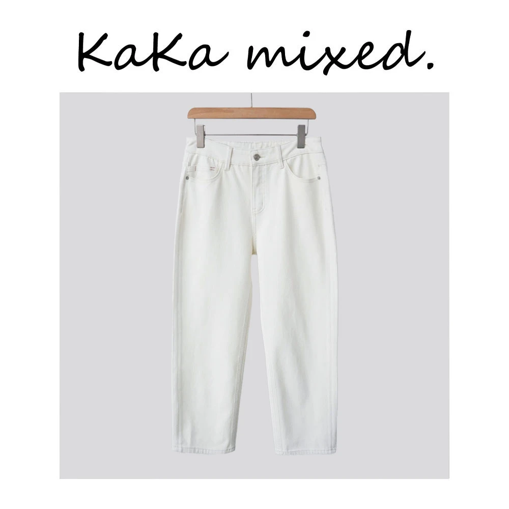 纯白烟管休闲裤粉色腰牌