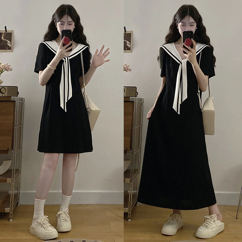 学院风海军领短袖黑色连衣裙女夏季大码胖mm韩版简约设计感小黑裙