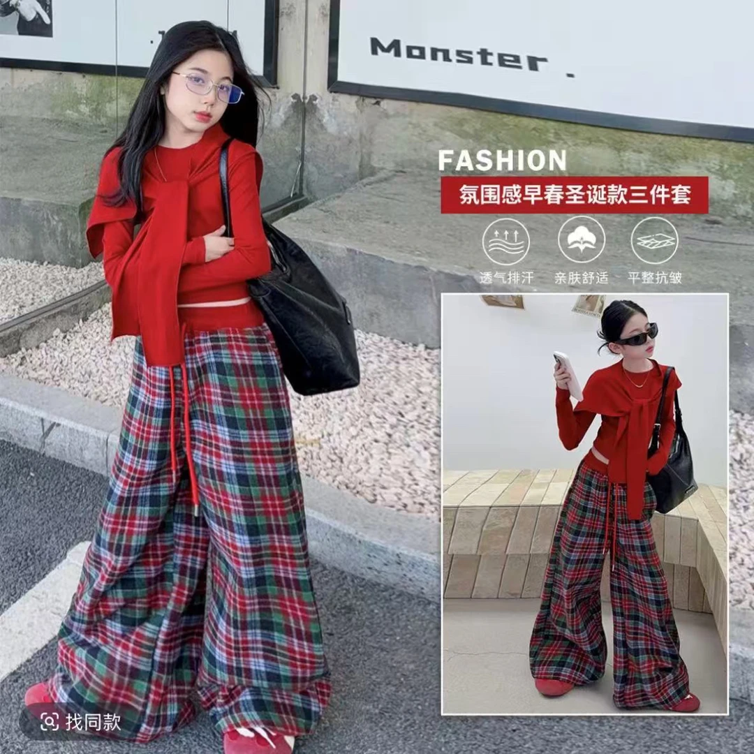 女童氛围感早春圣诞三件套装2026中大童女孩子儿童套装潮