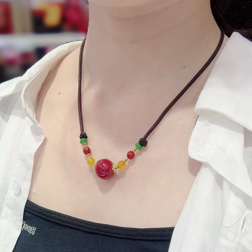 含辰砂工艺品辰砂朱砂转运珠锁骨链坠女士项链本命年吊坠