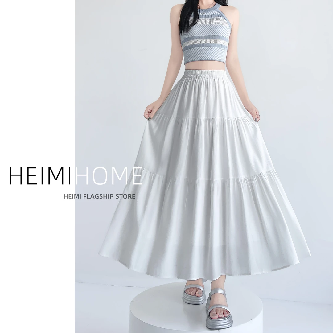 白色大摆半身裙女夏季薄款休闲a字蛋糕裙小个子高腰褶皱中长裙子
