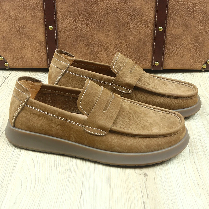 男士新款一脚蹬头层牛皮复古风休闲懒人鞋软皮软底防滑耐磨乐福鞋