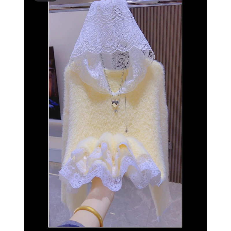 长款仿水貂绒甩帽蕾丝边拼接连帽毛衣女秋冬慵懒风