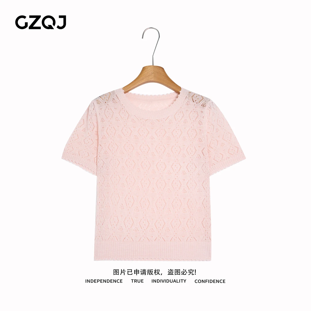 老琴私服【蜜桃蕾语】欧若风设计感镂空钩花短袖针织衫女夏上衣7887